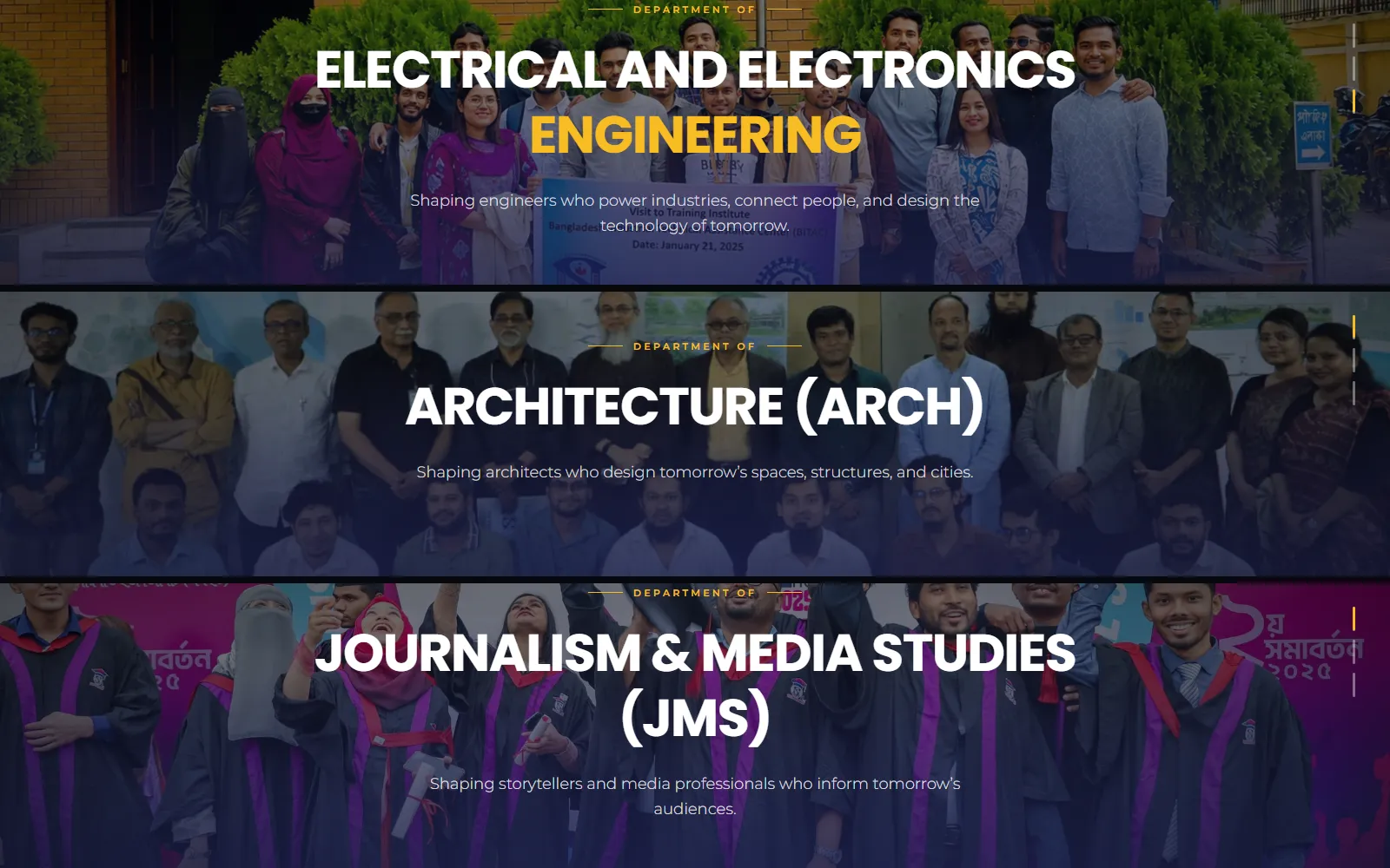 Hero banners of the EEE, Architecture, and Journalism and Media Studies department websites