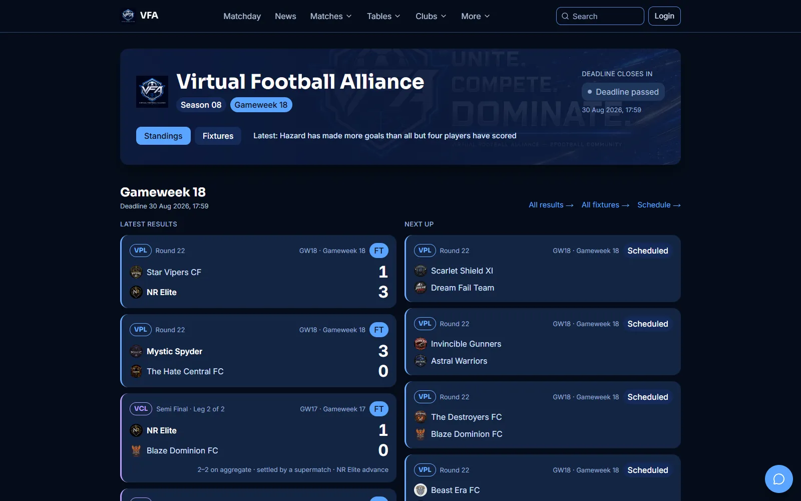 VFA home page showing the current gameweek's results and upcoming fixtures